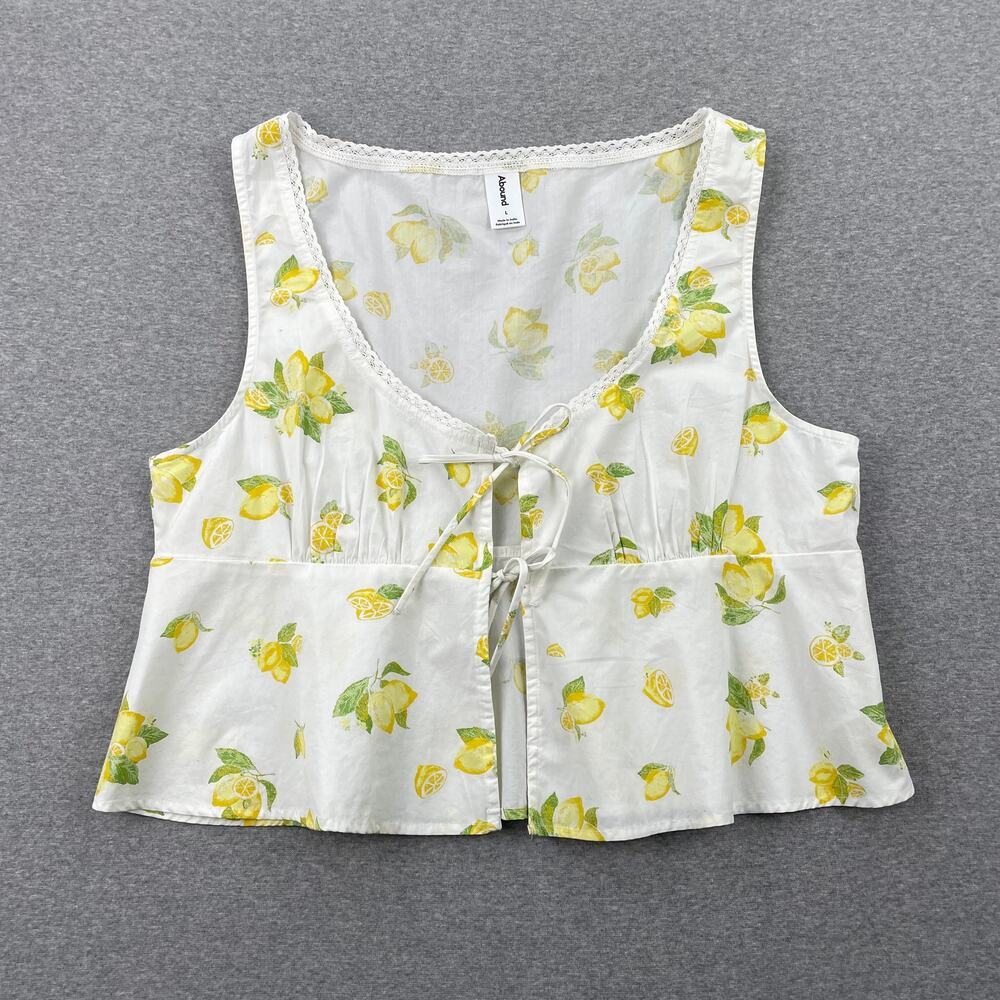 Abound Nordstrom Lemon Print‎ Tie Front Peplum Crop Tank Top Womens L Lace Trim
